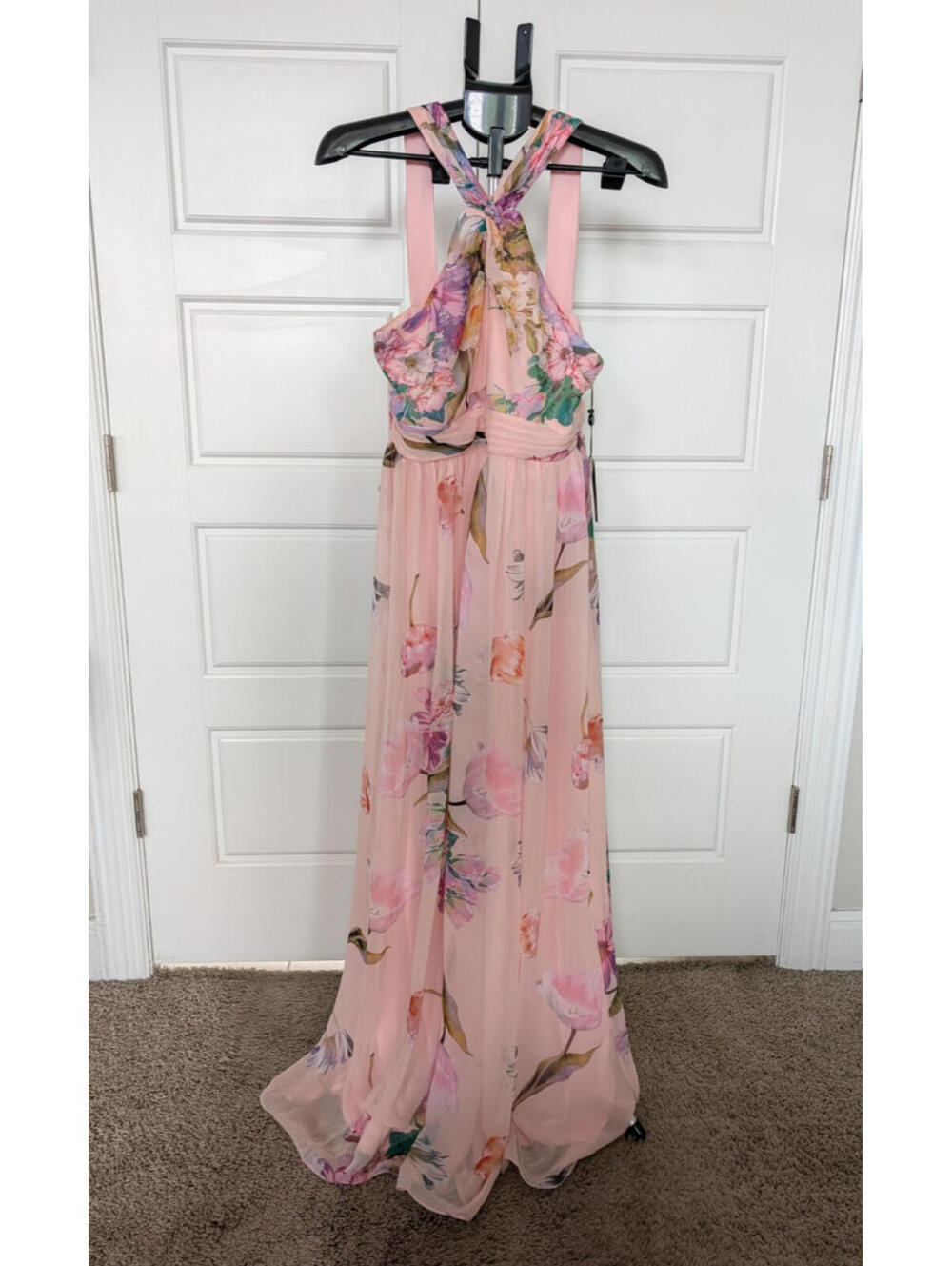Adrianna Papell Blush Floral Chiffon Halter Maxi Gown Dress Size 8 NWT